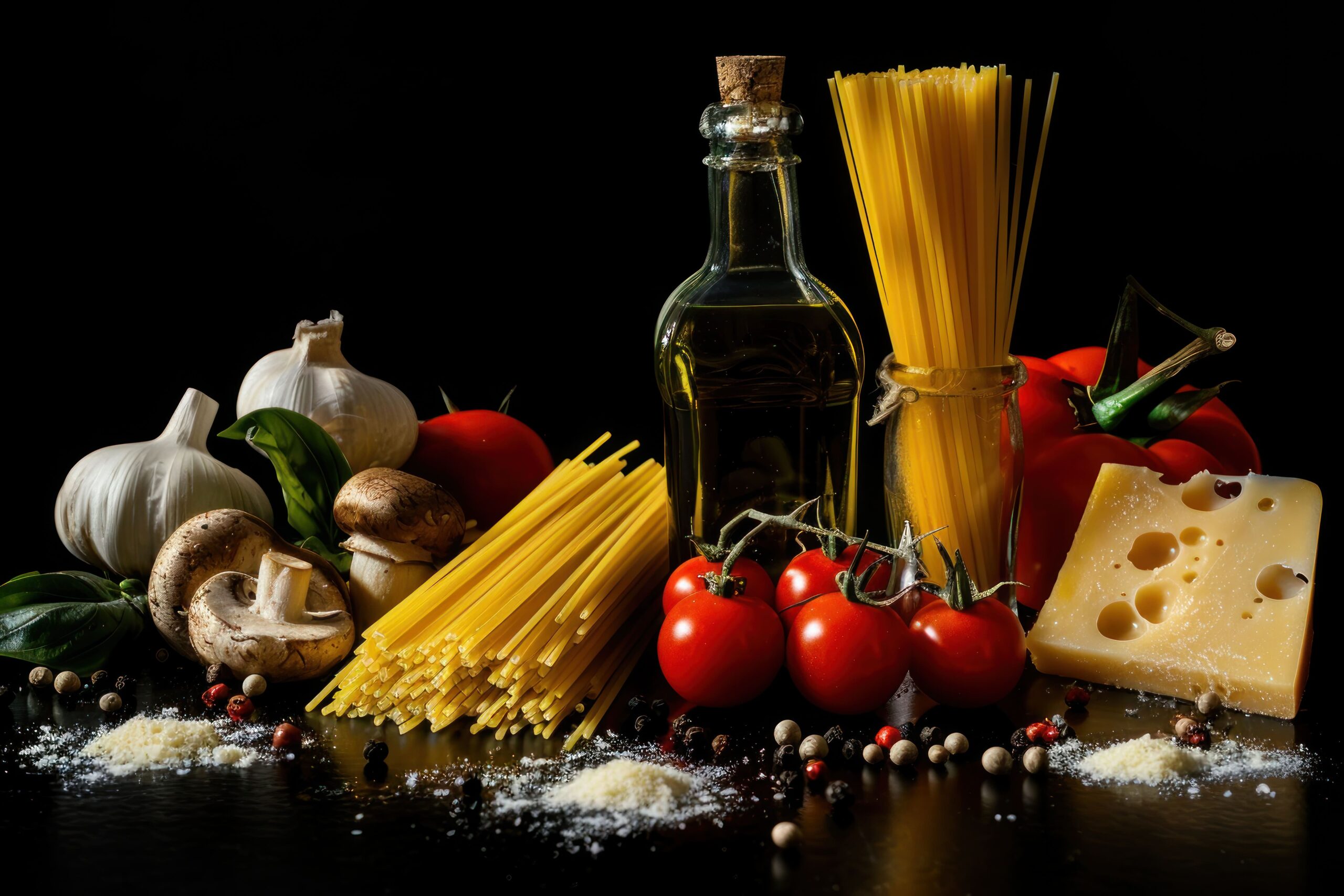 italian food like pasta, mushrooms, farina, tomatoes, emmental